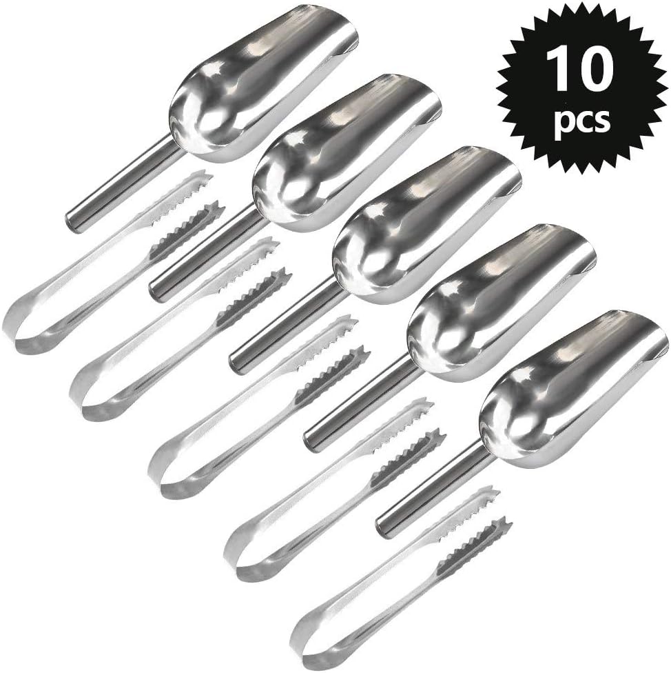 YANSHON 5 Sweet Tongs and 5 Ice Scoops Set Stainless Steel Tongs Scoops for Sweet Sugar Ice, Small Serving Tong Shovel for Kitchen Buffet Bar BBQ Wedding Parties(5.3inch, 7.6inch)