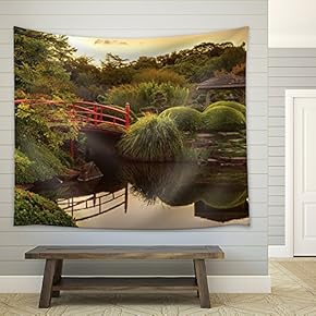 Red Bridge on a Lake Surrounded by Trees and a Kiosk - Fabric Tapestry, Home Decor - 51x60 inches