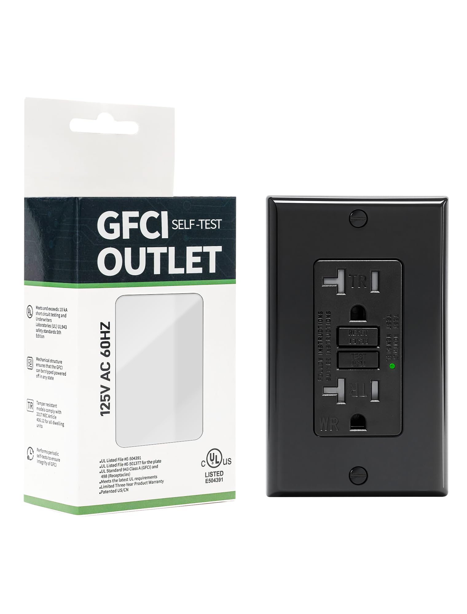 Photo 1 of 1-Pack 20 Amp GFI Electrical GFCI Outlet Self-Test Tamper Resistant (TR) Weather Resistant (WR) Ground Fault Receptacle with LED Indicator UL Listed Standard Wall Plate Included Black