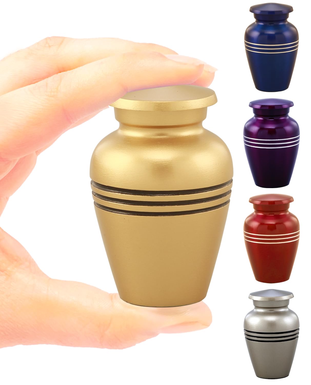 Immortal-Memories Serenity Keepsake Urn for Human & Pet Ashes – Mini Cremation Urn with Velvet Bag & Funnel – Elegant Metal Memorial Urn with Accent Bands – Small Tribute Urn (Gold)
