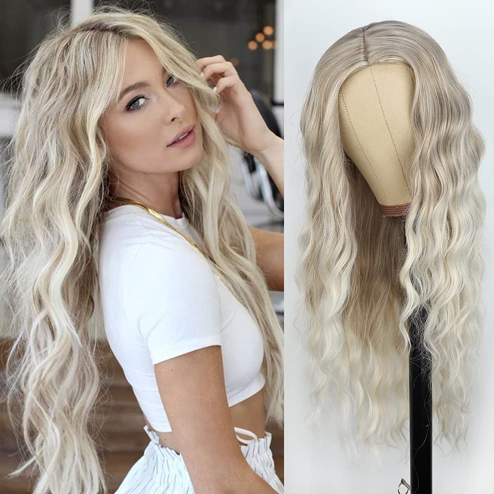 PORSMEER Long Wavy Mixed Silver Grey Blonde Wigs for Women Natural Synthetic Hair Wigs Ombre Wig with Dark Roots Middle Part
