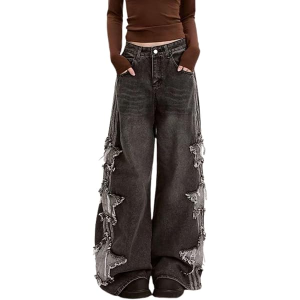 Y2K Baggy Ripped Jeans for Women – Wide Leg Butterfly Print & Star