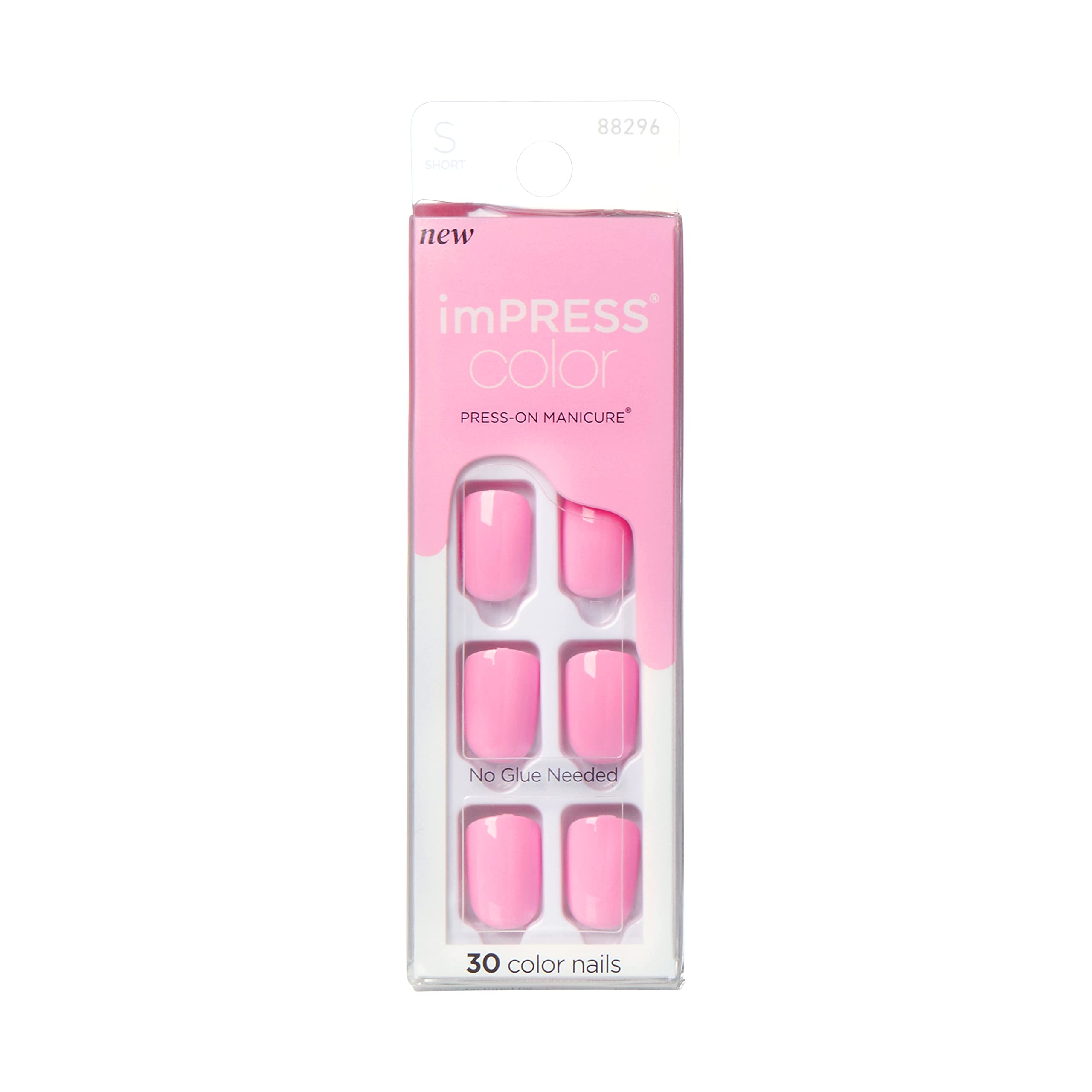KISS imPRESS No Glue Mani Press On Nails, Color, 'Self Care', Pink, Short Size, Squoval Shape, Includes 30 Nails, Prep Pad, Instructions Sheet, 1 Manicure Stick, 1 Mini File