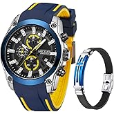 MEGIR Mens Watches Chronograph Blue Silicone Strap and Cross Bracelets Waterproof Date Quartz Watch Sport Casual Fashion Wrist Watches for Men