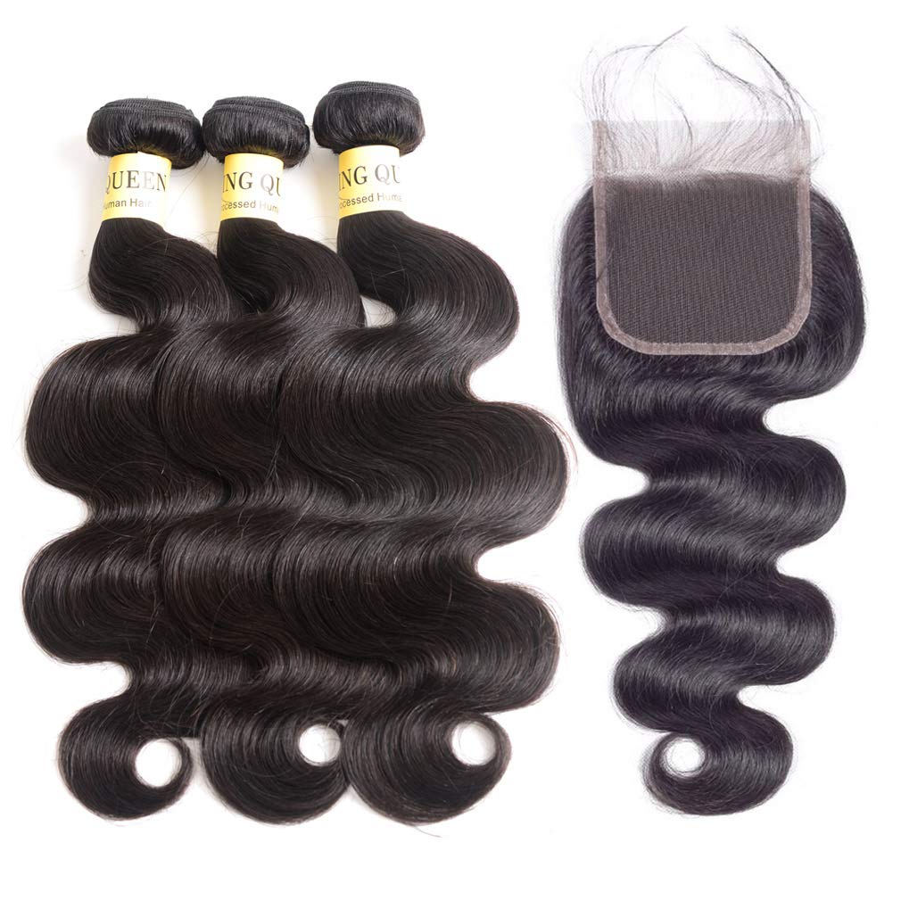Brazilian Hair 3 Bundles with Closure (12 14 16+12 Free Part) Body Wave 4×4 Virgin Hair Lace Closure with Bundles Unprocessed Human Hair Extensions Weave Weft With Closure Natural Color