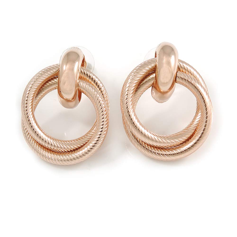 30mm L/Double Interlocked Eternity Circle of Love Hoop Stud Earrings/Rose Gold Tone