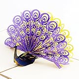Paper Spiritz the Peacock Pop up Greeting Cards 3D Birthday Card Thank You Post Card Matching Envelope Laser Cut Handmade Gift (Purple, Pack of 1,Shows its tail )