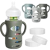 3 Pack Silicone Sleeves for Dr Brown Wide-Neck Glass Baby Bottles, Food GradeAnti Breakage Baby Bottle Holder with Handles and 3pcs Travel Bottle Caps, 9oz