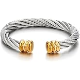 COOLSTEELANDBEYOND Large Elastic Adjustable Steel Twisted Wire Cuff Bangle Bracelet for Men Women
