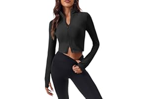 Fisoew Women's Zip Up Workout Jacket Lightweight Cropped Athletic Slim Fit Tops with Thumb Hole