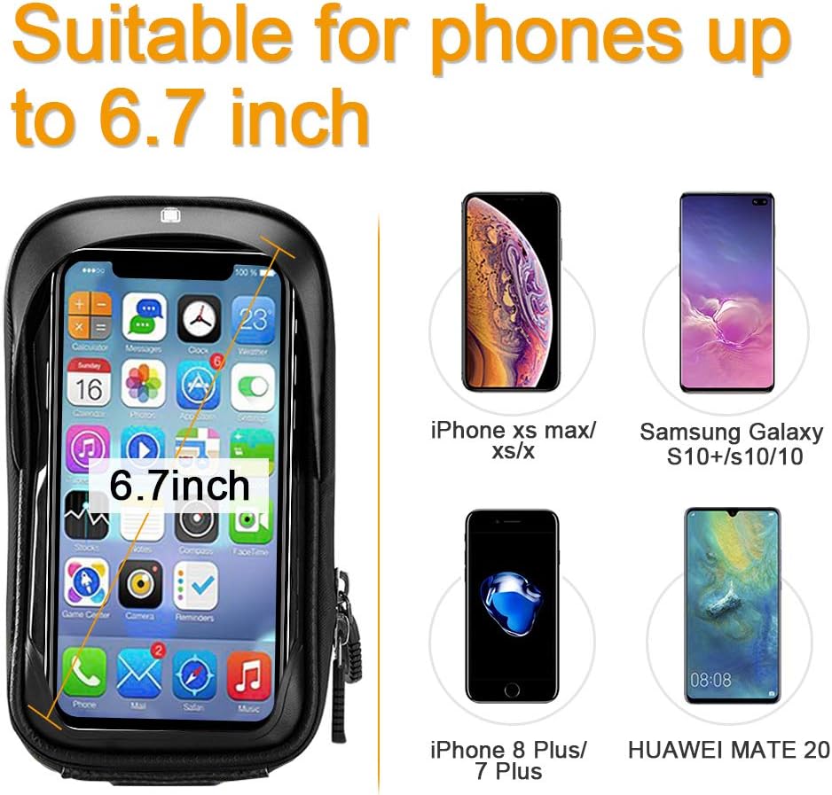 Bike Bicycle Phone Mount Bags - Waterproof Front Frame Top Tube Handlebar Bags with Touch Screen Phone Holder Case Sports Bicycle Bike Storage Bag Cycling Pack Fits iPhone 7 8 Plus xs max (Black) : Sports & Outdoors