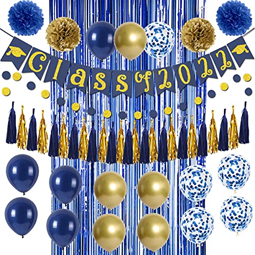 Graduation Party Decorations 2022Blue and Gold Class of 2022 Banner Paper Pompoms, Congrats