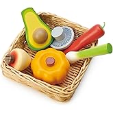 Tender Leaf Toys - Veggie Basket - 6 Pcs Wooden Vegetables with Hand-Crafted Wicker Basket, Pretend Food Playset Supermarket Shopping Game Play Kitchen Farmer's Market Accessories - Age 3+