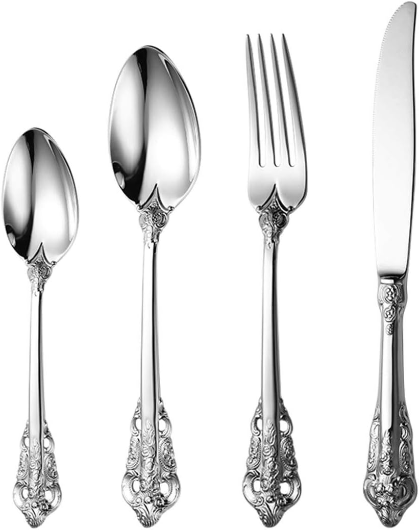 OBR KING 4pcs Stainless Steel Flatware Set Vintage Royal Style Tableware Dinner Spoon Tea Spoon Fork and Knife Set (Steel)