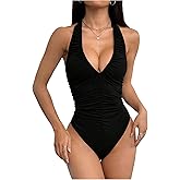SweatyRocks Women's Deep V Neck Ruched Backless Halter Bodysuit Leotard Sexy Going Out Tops