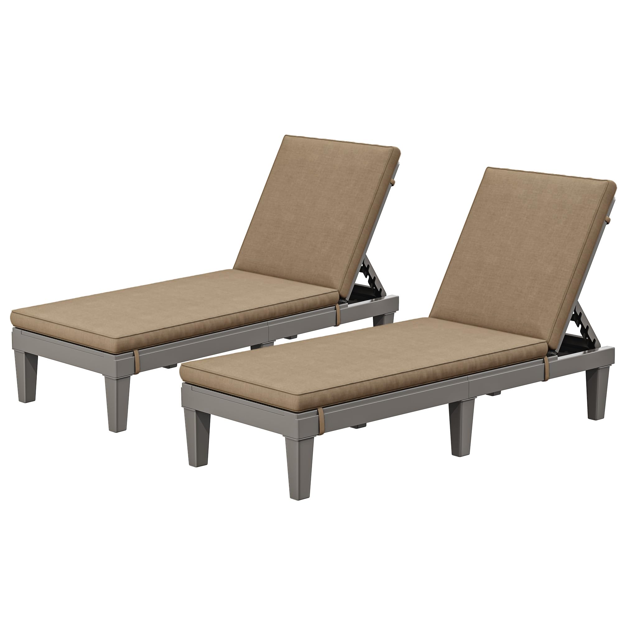 Photo 1 of YITAHOME Outdoor Chaise Lounge Chair, Plastic Pool Chaise Lounge with Cushions & 5-Position Backrest, Easy Assembly & Waterproof for Patio & Poolside, Set of 2, Brown