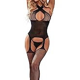 BIGFOX Women's Sexy Fishnet Bodysuit, Halter Front & Back Cross Hollow-Out Teddy Body Stocking Lingerie for Sleep, Club, Rave