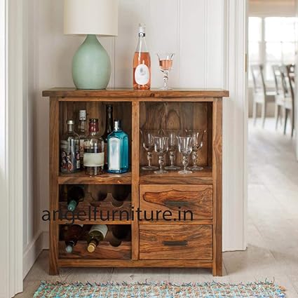 Angel Furniture Solid Wood Bar Cabinet with 2 Drawers & Bottle Holder (Standard, Honey Finish)
