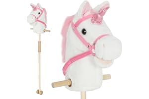 Qaba Unicorn Stick Horse, Plush Handcrafted Hobby Horse with Wood Wheels, Real Pony Neighing and Galloping Sounds, for Kids, 