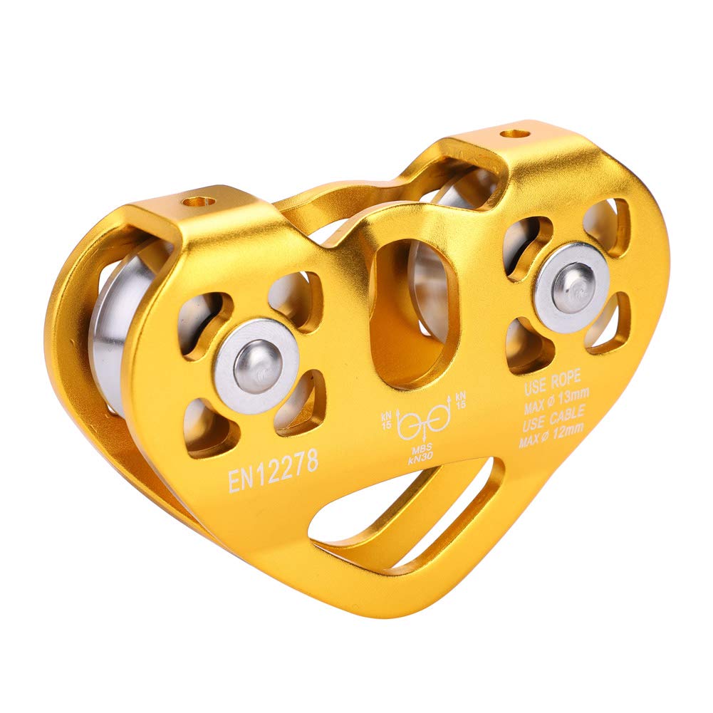 WALLFIRE Climbing Pulley, 30KN Stainless Steel Dual Pulley Zip Line Rescue Cable Trolley Outdoor Rock Climbing Rescue Equipment for Mountaineering, Exploring, Rescue, Aerial Work (Gold)