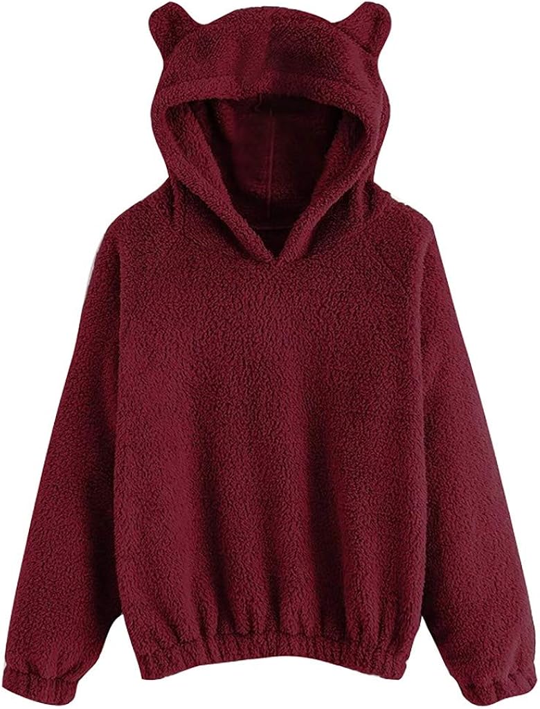 Sunmoot Teddy Bear Hoodie Coat for Womens Long Sleeve Fleece Sweatshirt Warm Bear Shape Fuzzy Hoodie Sweater Pullover: Clothing