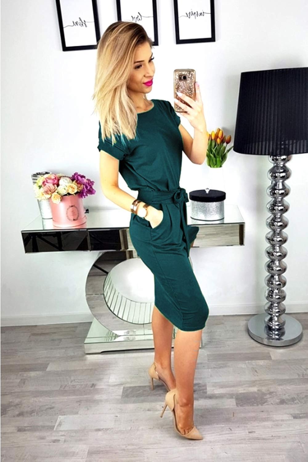 PRETTYGARDEN Women's 2020 Casual Short Sleeve Party Bodycon Sheath Belted Dress with Pockets at  Women’s Clothing store