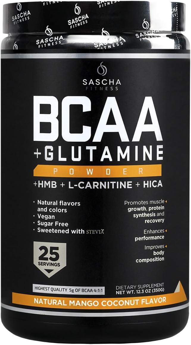 Sascha Fitness BCAA 4:1:1 + Glutamine, HMB, L-Carnitine, HICA | Powerful and Instant Powder Blend with Branched Chain Amino Acids (BCAAs) for Pre, Intra and Post-Workout (Natural Mango Coconut Flavor): Health & Personal Care