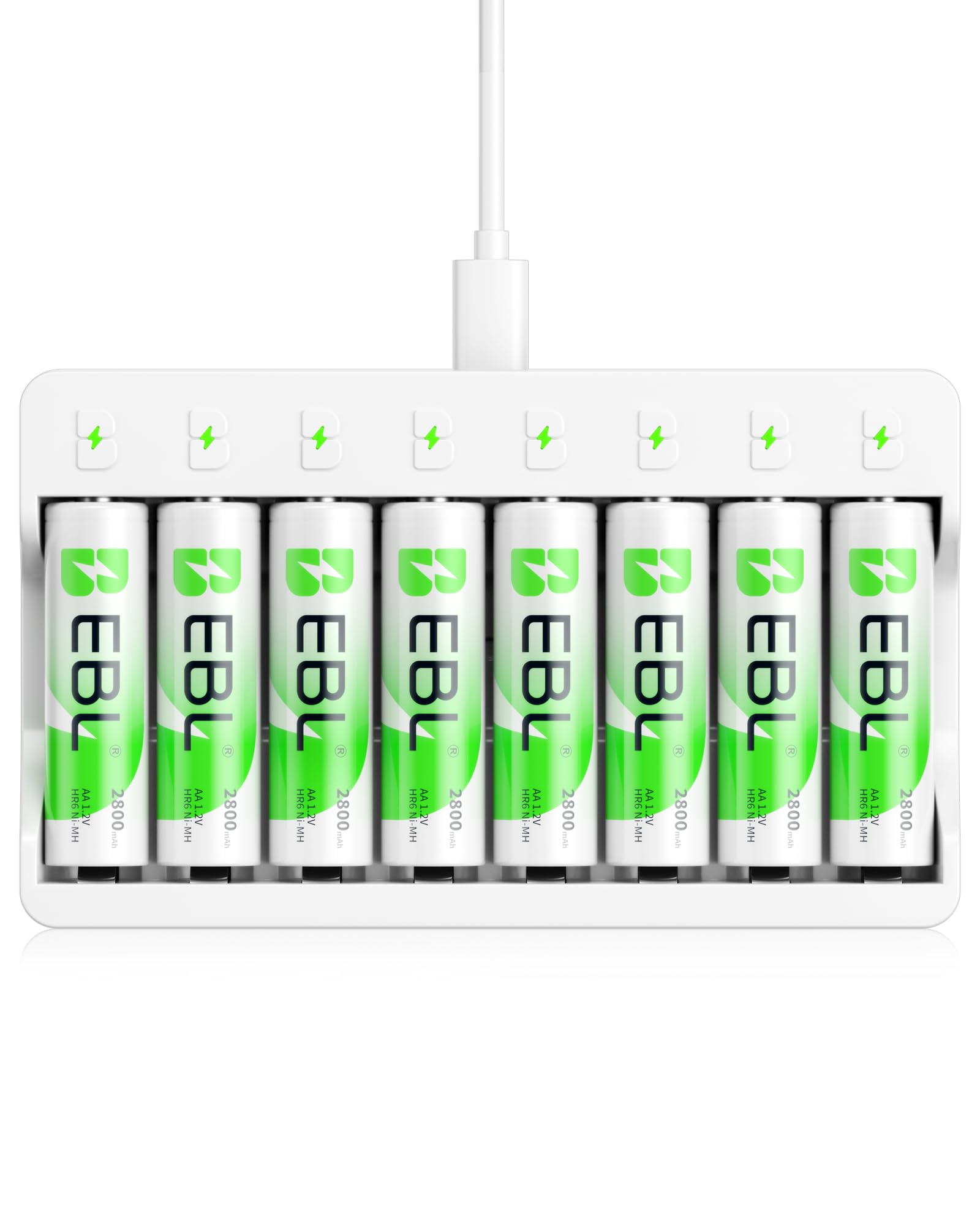 EBL 8 x NIMH 2800mAh AA Rechargeable Batteries with Charger, 8 Slots LED Individual AA Battery Charger with 5V 2A Fast Charging Function with Rechargeable Battery AA Sets