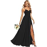 INEWER Chiffon V Neck Split Bridesmaid Dresses Long for Women with Pockets Empire Waist Pleated Formal Party Dress