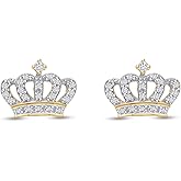 Princess Crown Studs White Cubic Zirconia, Lab Created Moissanite & Lab Grown Diamond Crown Earring for Women In 14K Gold Plated Sterling Silver (0.40 Cttw)