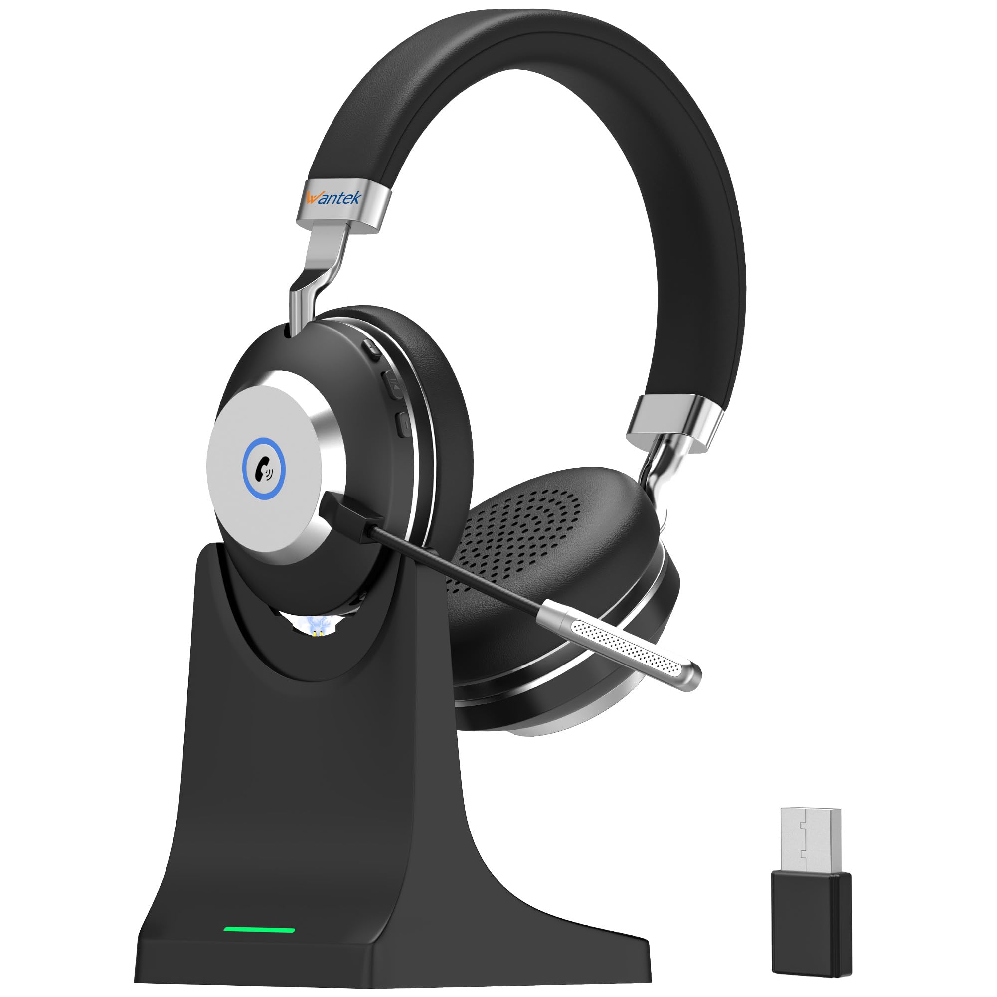 Wantek ワイヤレスヘッドセット Bluetoothヘッドセット 両耳 USBドングル付き 音量調節/単一指向性 マイクミュート機能搭載 ノイズキャンセリング 最長50時間通話 コンピュータ/ノートパソコン/PC/iPhone/Android/携帯電話/Zoom 対応の Bluetooth 5.3 ヘッドホン（スタンド付き） (MBTC-882)商品画像