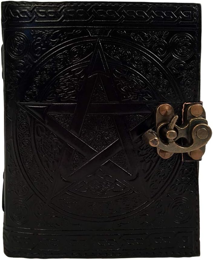 Handmade Black Pentagram Witchcraft Embossed Leather Journal Pentacle Book of Shadows Notebook Diary Appointment Organizer Daily Planner Office Diary Wicca Pagan 5 x 7 inches