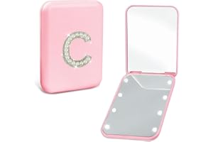 Aganmi Trendy Mothers Day Birthday Gifts for Mom Travel Pocket Mirror with Lights Pink 1X/2X Magnification LED Compact Mirror, Small Folding Handheld Makeup Mirror Mom Nurses Gifts for Women (C)