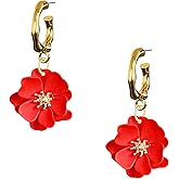 Chanaiqw Boho Metal Poppy Flower Dangle Earrings Matte Painted Bohemian Floral Drop Earrings for Women Tiered Petal Statement Jewelry