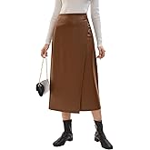 Haianguoji Women's Faux Leather Midi Skirt High Waist Slit for Daily Casual Outdoor Office Work