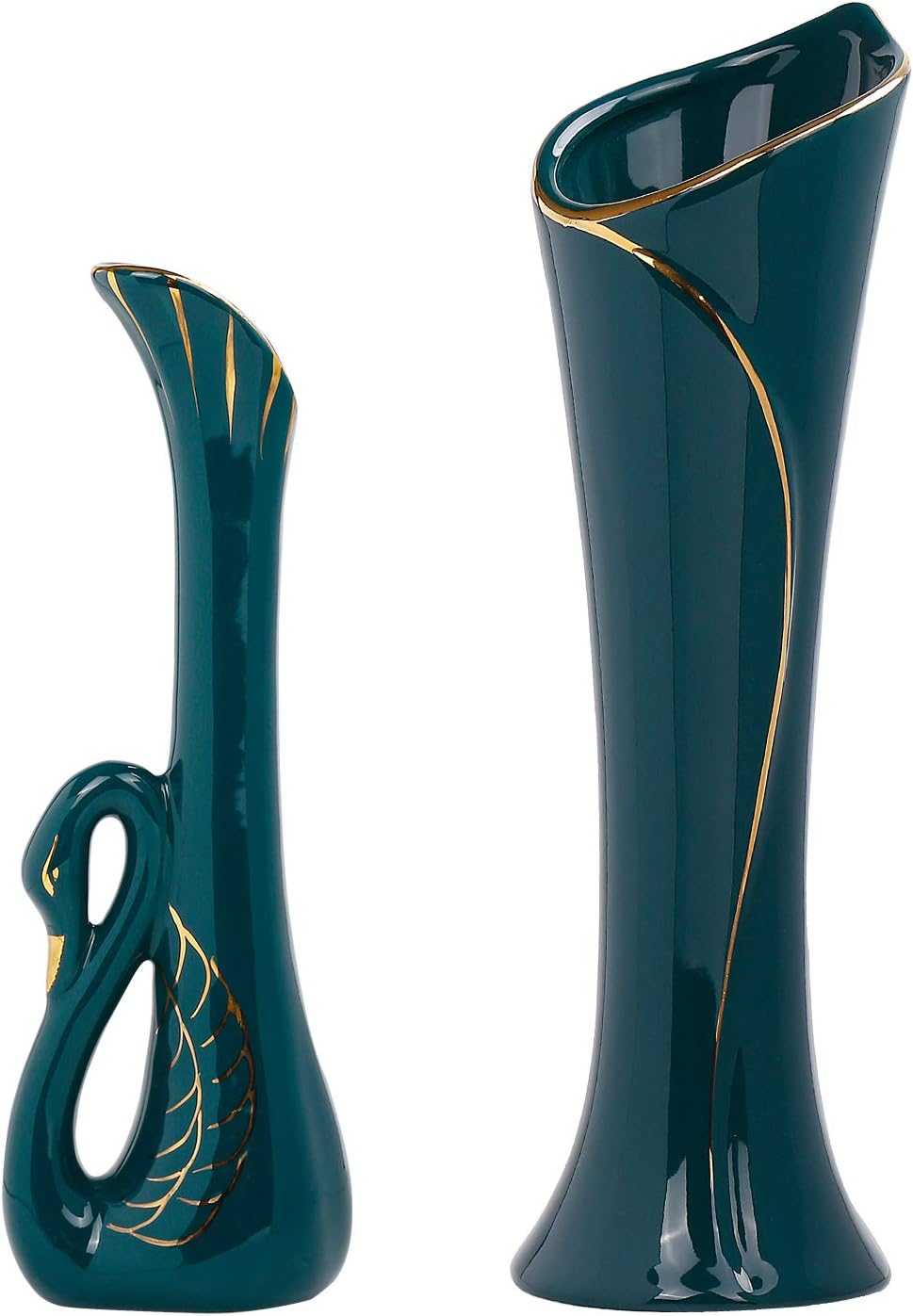 Ceramic Flower Vase Set of 2, Dry and Wet Flower Arrangement Container Elegant Home Decor Ceramic Vase with Swan Neck Shape, Green