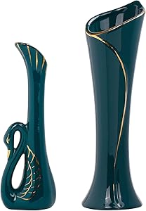 Ceramic Flower Vase Set of 2, Dry and Wet Flower Arrangement Container Elegant Home Decor Ceramic Vase with Swan Neck Shape, Green