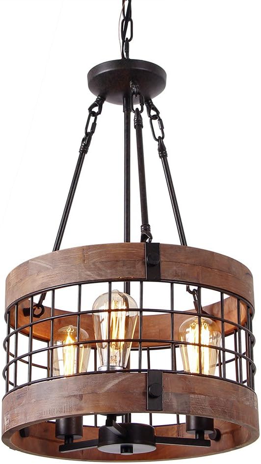 Anmytek Round Wooden Chandelier Metal Pendant Three Lights Decorative Lighting Fixture Retro Rustic Antique Ceiling Lamp (Three Lights)