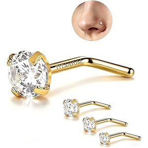 6ixGosh 4PCS Titanium Nose Rings Studs Set Implant Grade for Sensitive Skin | Corkscrew L Shape, Hypoallergenic CZ, Comfortab
