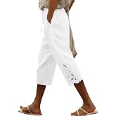 ONLYSHE Womens Capri Pants Casual Cotton Linen Trousers Lightweight Drawstring Elastic Waist Pants with Pockets,XS-3XL