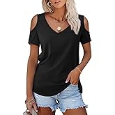 Amoretu Women's Short Sleeve Shirts Cold Shoulder Tops V Neck Blouse Tunic Shirts