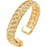 Bestleey Gold Woven Bracelet Chunky Metal Cuff Bracelet 18K Gold Plated Woven Herringbone Mesh Bracelet Trendy Cuff Bracelet Stack Fashion Jewelry for Men and Women
