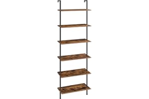 HOOBRO DIY Ladder Shelf, 6-Tier Wall Mounted Bookshelf, Office Vertical Bookcase, Wooden Storage Shelves for Home Office, Bedroom, Rustic Brown and Black BF65CJ01