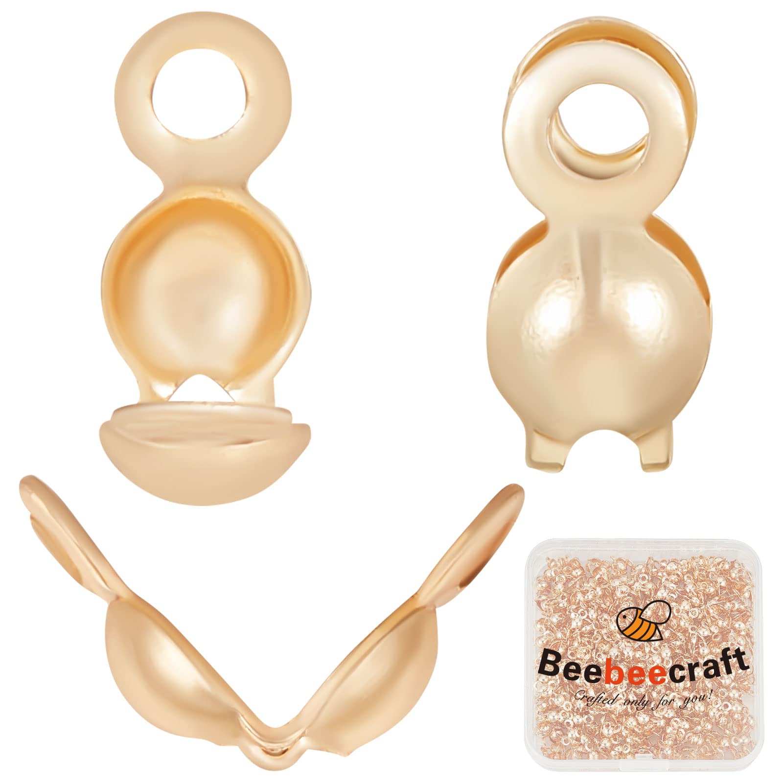 Beebeecraft 1 Box 400Pcs Bead Tips Knot Covers 3mm 18K Gold Plated Clamshell Crimp Bead Tips Fold-Over Bead Covers Ends Caps for Jewellery Bracelets Necklaces Making