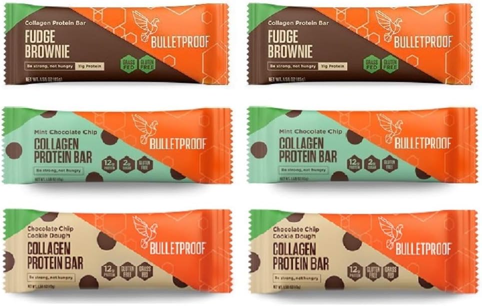 Bulletproof Collagen Protein Bars 6 Pack, Chocolate Variety Pack, 2 Fudge Brownie, 2 Mint Chocolate Chip, 2 Chocolate Chip Cookie Dough