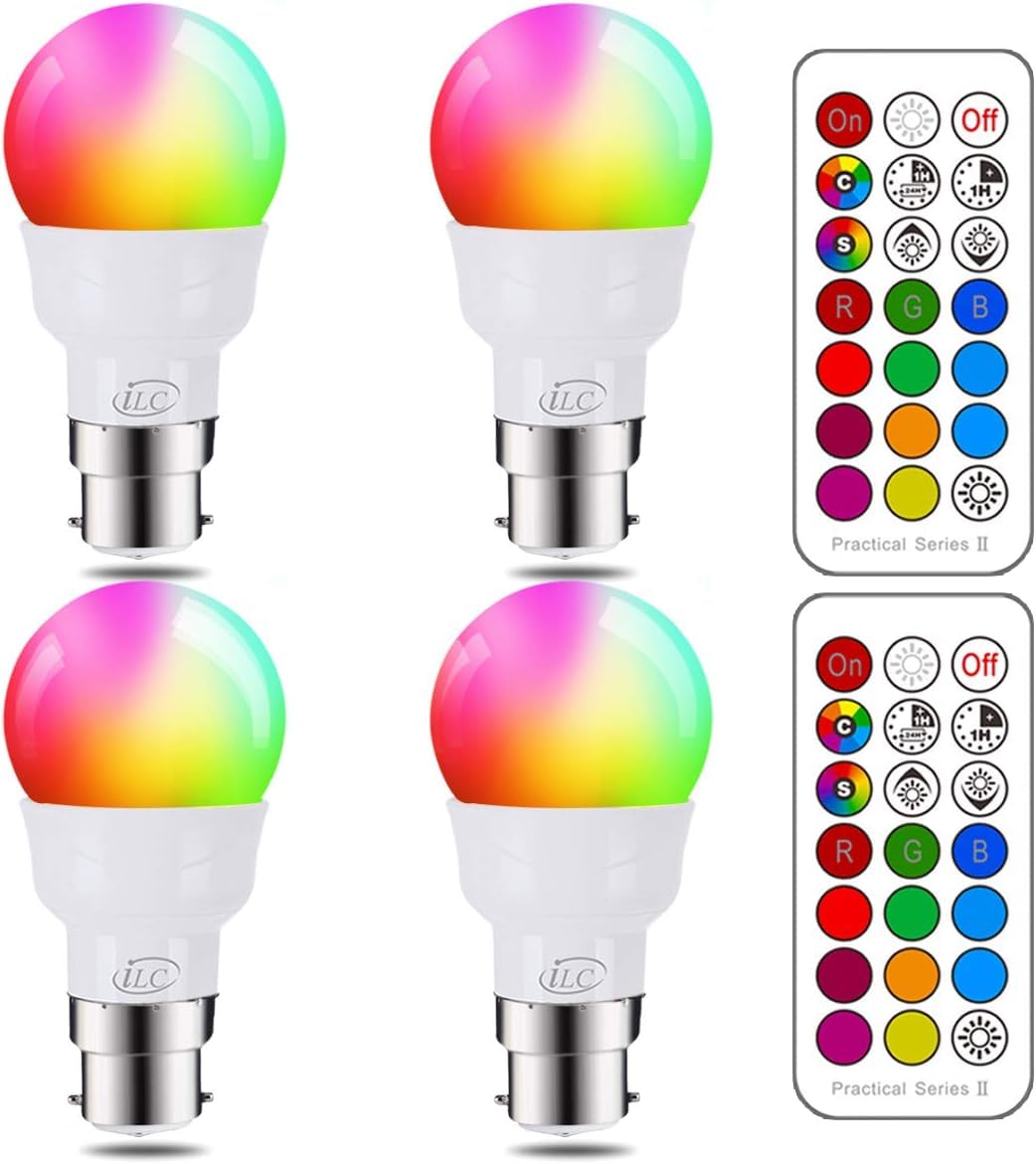 iLC LED B22 Bayonet Light Bulbs, 40 Watt Equivalent Colour Changing 5W B22 Bayonet A60 RGBW Lights, RGB White Coloured - 12 Color Choices - Remote Controller Included (4 Pack)