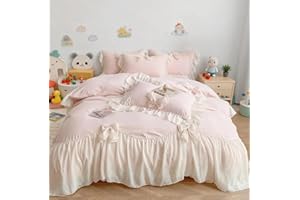 IHOUSTRIY Duvet Cover Queen Size, Ruffle Beddding Set with Bowtie, 3 Pieces Comforter Cover Set with Zipper Closure, Girl Princess Bedding with Pillowcase - Light Pink, Queen