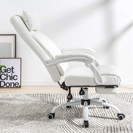 Amazon Co Jp オフィスチェア フットスツール付きリクライニングレザーオフィスチェア 白 ホーム キッチン