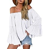 Womens Off The Shoulder Long Bell Sleeve Tops Flared Casual Loose Blouse