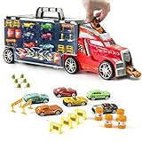Prextex 21'' Car Carrier Toy Truck with 6 Toy Cars and Accessories - Detachable Toy Vehicle Transporter for Boys and Toddlers